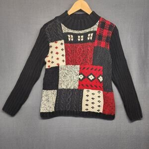 Liz Claiborne Sweater Womens Petite Small Black Red Geometric Cotton Blend Vtg
